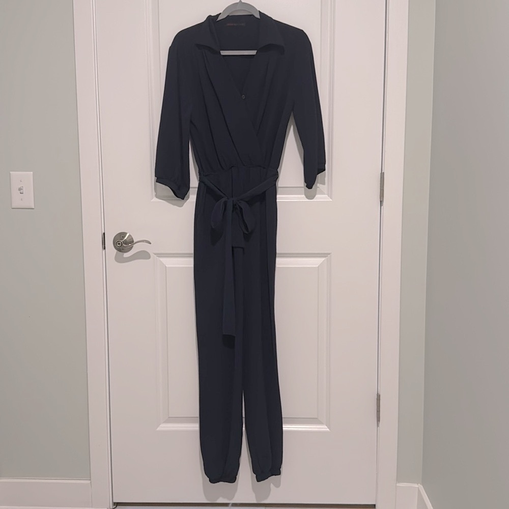Fraiche by J Tie Waist Long Sleeve Jumpsuit in Navy - Picture 3 of 6